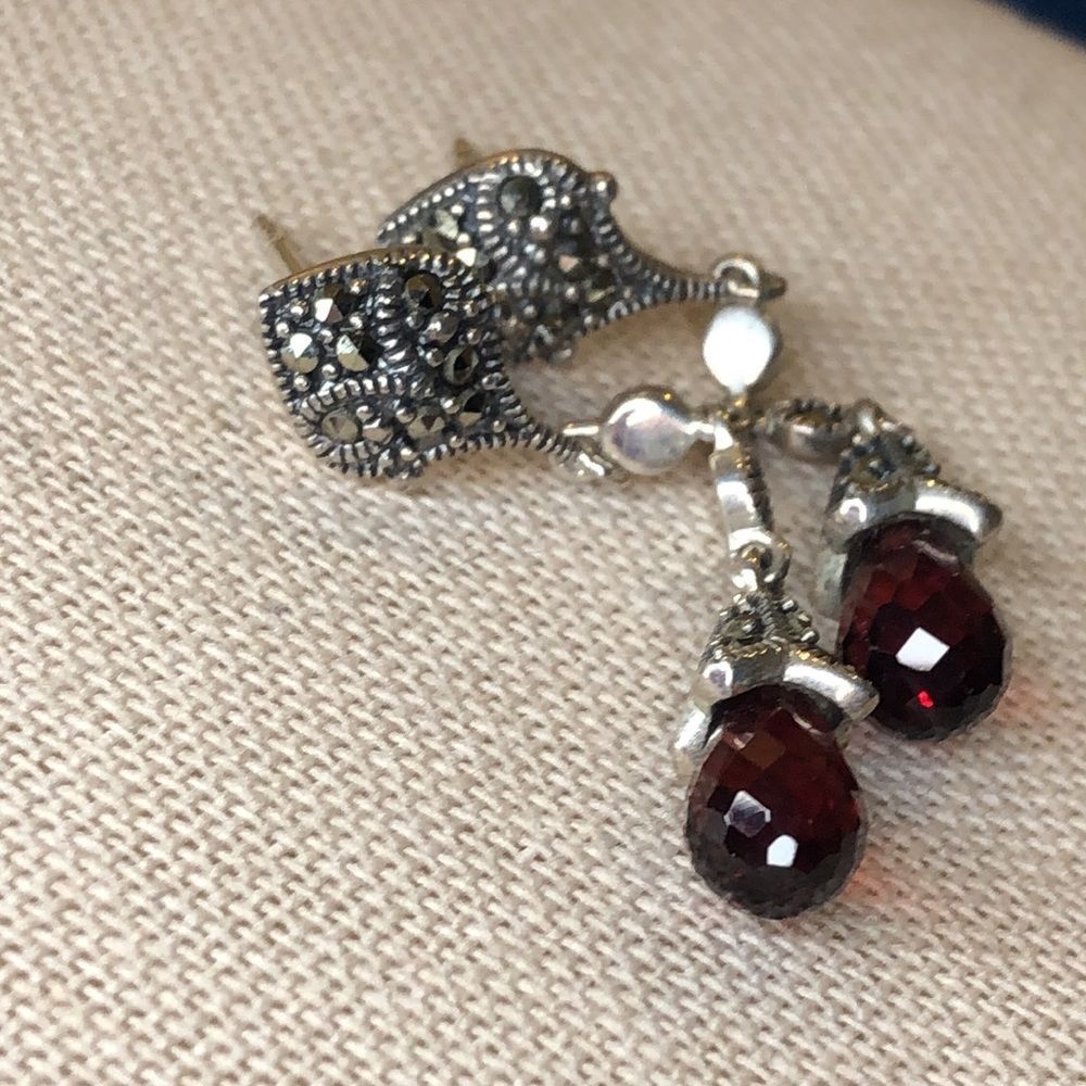 Vintage Red Garnet and Marcasite Long Drop Dangle Sterling Silver Earrings - Picture 13 of 14